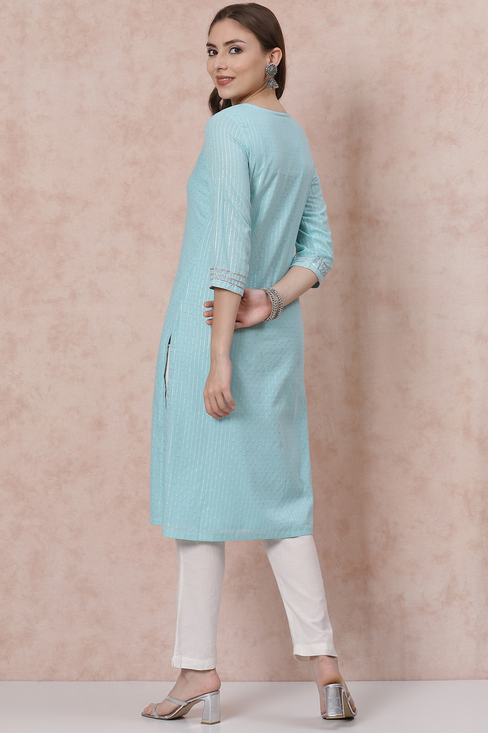 Sky Blue Cotton Straight Kurta image number 4